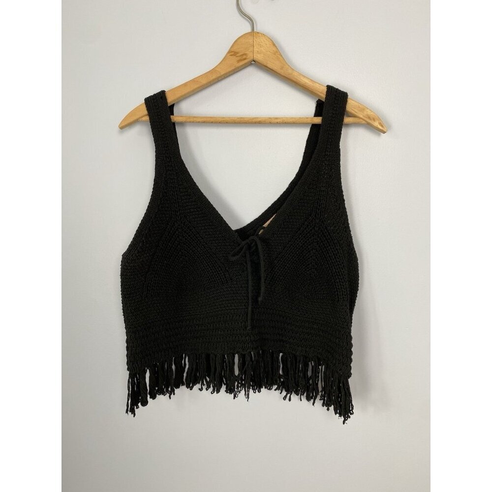 Pilcro Anthropologie Black Sleeveless Knit Top Womens Medium Festival Fringe - Picture 2 of 8